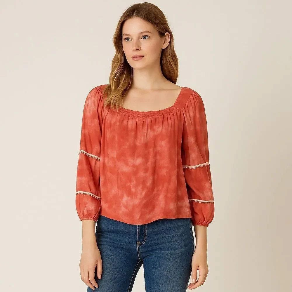 June & Hudson Orange Red Tie Dye Peasant Square Neck Blouse